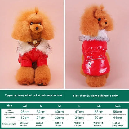 British style blue cotton dog jacket with winter padding shown on a model dog