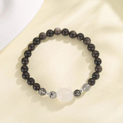 Silver-plated obsidian bracelet with cat crystal charms in adjustable women's design