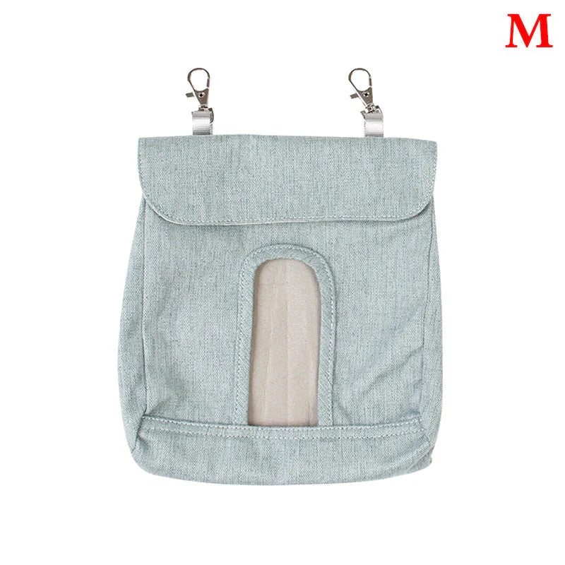 Durable cloth feed bag for small pets including rabbits, guinea pigs, and hamsters in grey and blue.