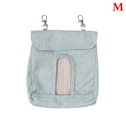 Durable cloth feed bag for small pets including rabbits, guinea pigs, and hamsters in grey and blue.