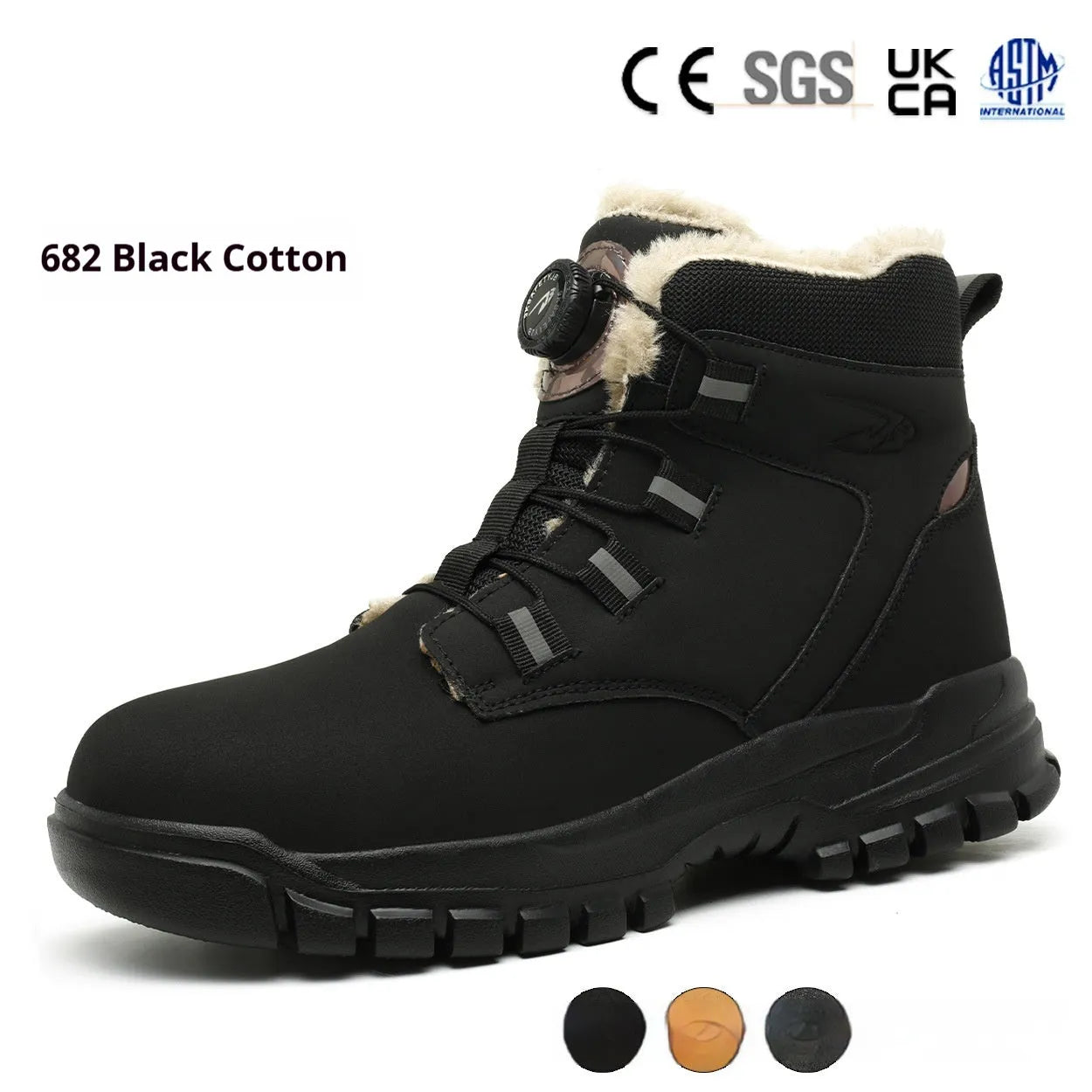 A pair of black leather labour protection safety shoes with rubber soles on a plain background.