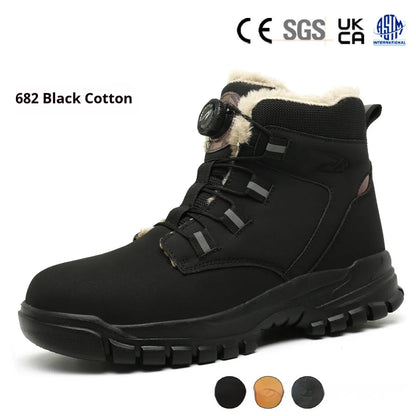 A pair of black leather labour protection safety shoes with rubber soles on a plain background.