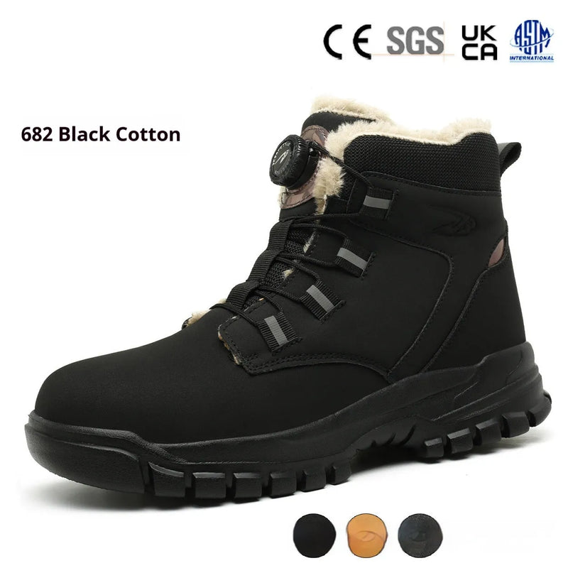 Anti-smash and puncture lightweight labour protection shoes made from leather uppers and rubber soles, available in multiple colours including black, grey, and yellow, and in sizes from 37 to 46