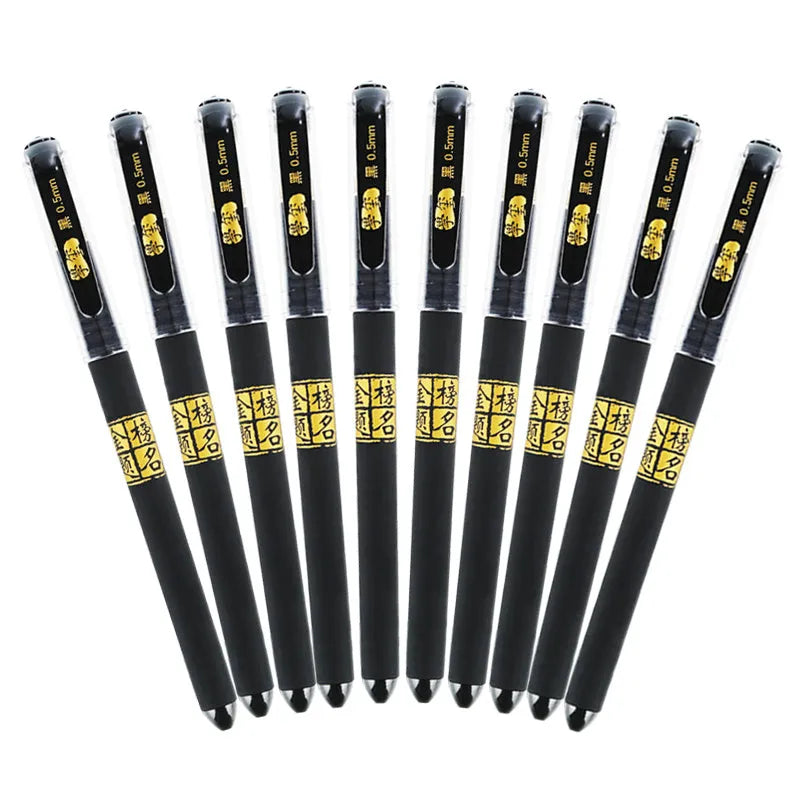 Pack of eight black gel pens with anti-fatigue grips, showing bullet and needle tip options.
