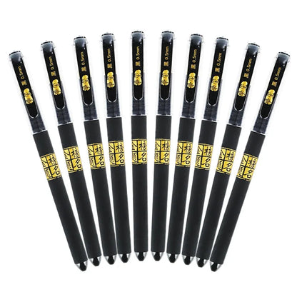 Pack of eight black gel pens with anti-fatigue grips, showing bullet and needle tip options.