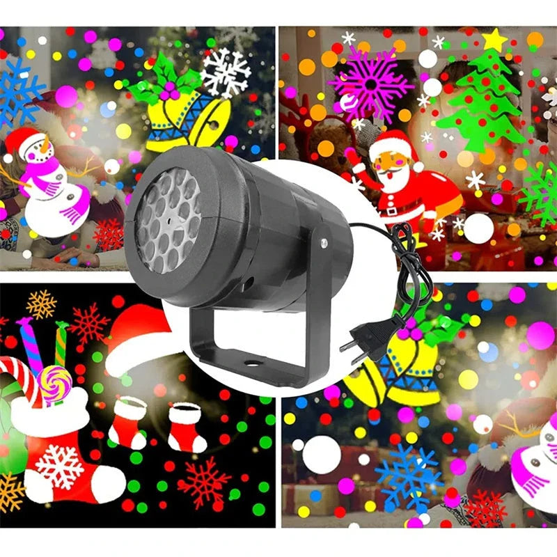 Dazzling LED snowflake projection light with various holiday-themed patterns for festive indoor and outdoor decoration