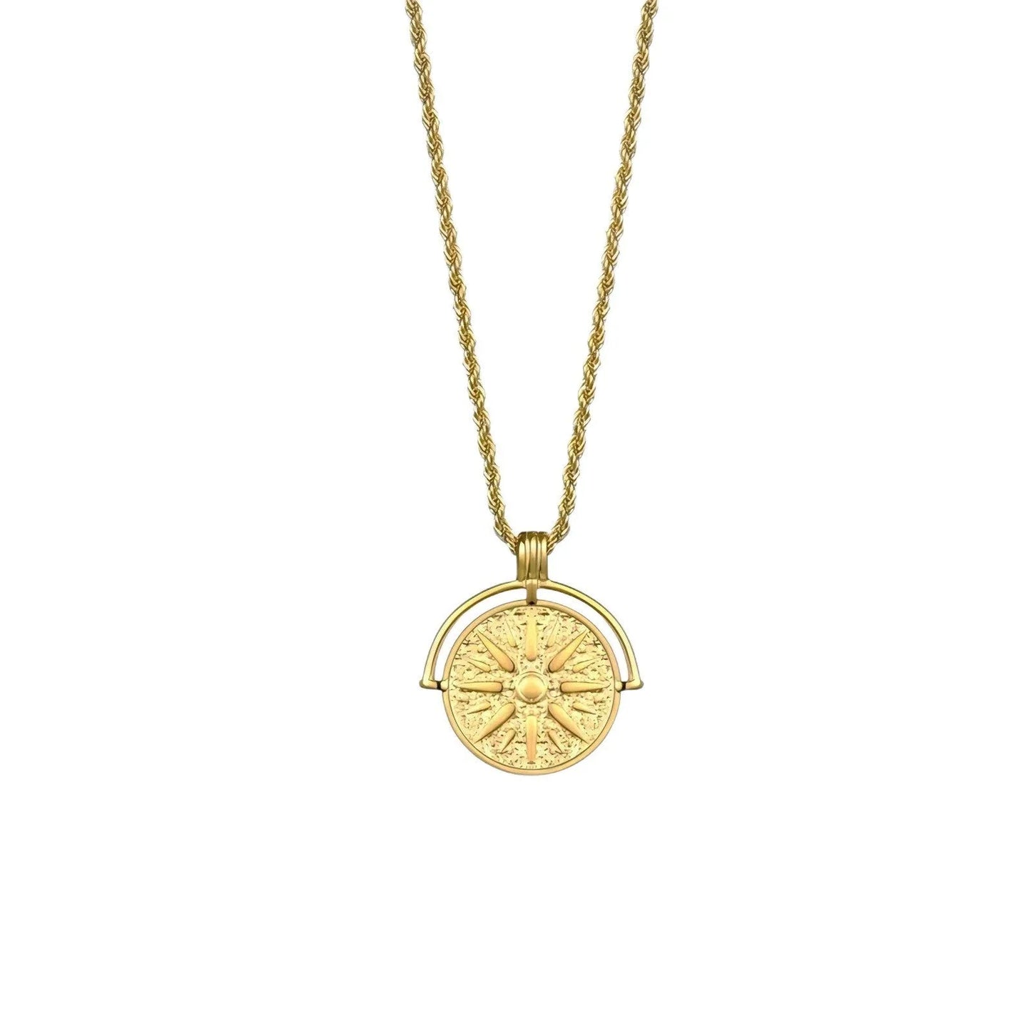 Stainless steel sunflower pendant necklace with geometric embossed design on adjustable chain
