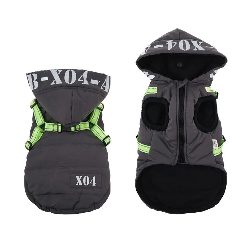 Red fleece-lined waterproof dog winter jacket with hood on a small dog