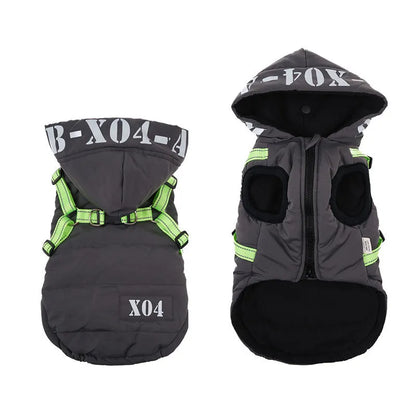 Red fleece-lined waterproof dog winter jacket with hood on a small dog