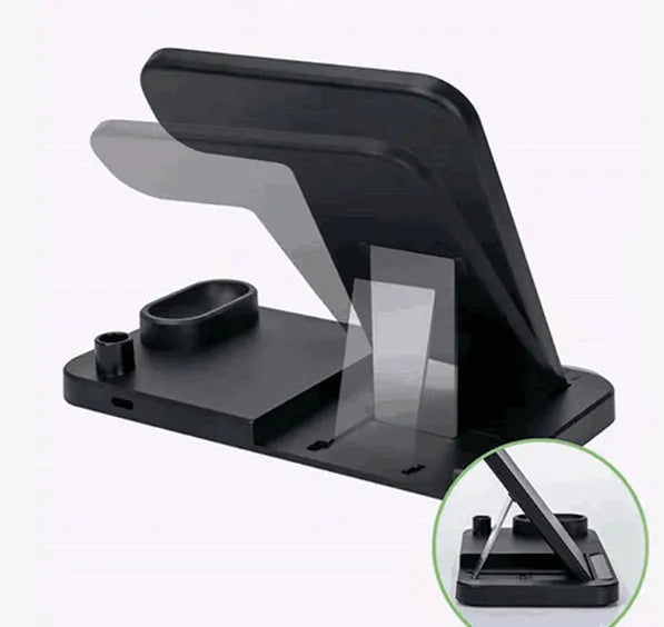 4-in-1 wireless charging station with adjustable magnetic stand charging phone, watch, earbuds, and stylus on a desk