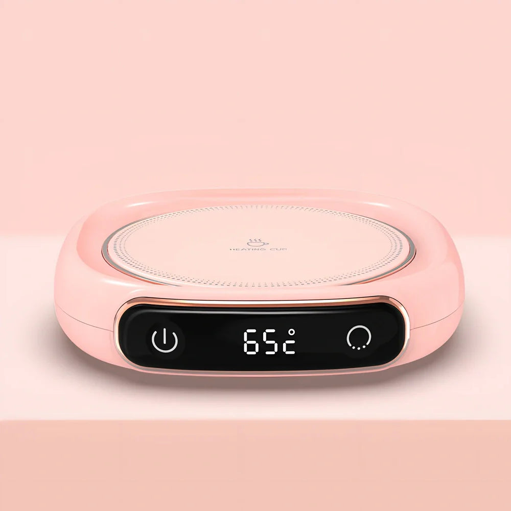 White plated collage desktop warming pad with digital temperature display showing current heating status