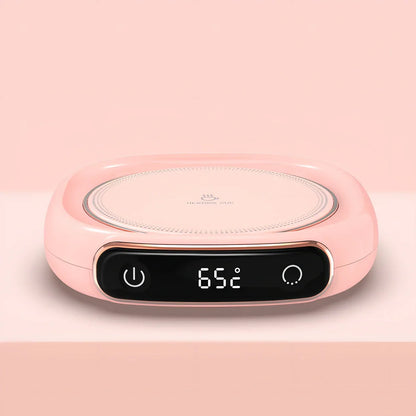 White plated collage desktop warming pad with digital temperature display showing current heating status