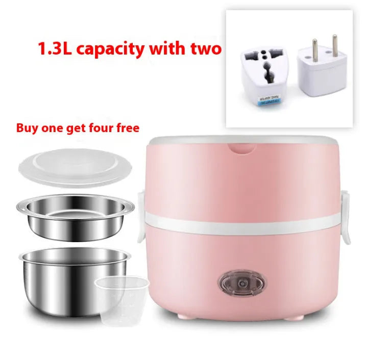 Portable plug-in insulated lunch box with stainless steel inner liner, shown in coffee and pink colour options.