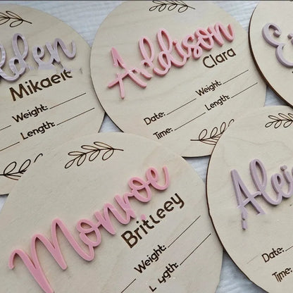 15cm square wooden newborn name label with birth details on plywood in three style variations