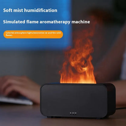 White USB aroma diffuser with glowing flame simulation and mist output on a wooden table.