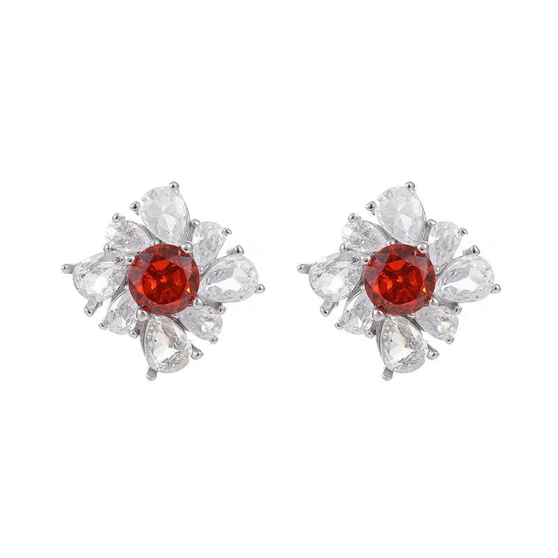 Silver retro geometric women's earrings with diamond red pigeon design and white gold colour finish