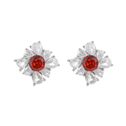 Silver retro geometric women's earrings with diamond red pigeon design and white gold colour finish