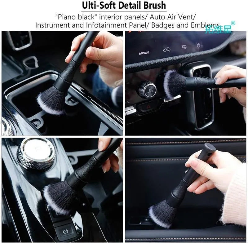 Black car detailing brush with soft pig hair bristles and PP plastic handle.