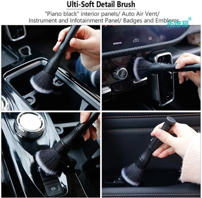 Black car detailing brush with soft pig hair bristles and PP plastic handle.