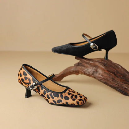 Women's black square toe stiletto ankle-strap shoes with horse hair upper and buckle fastening