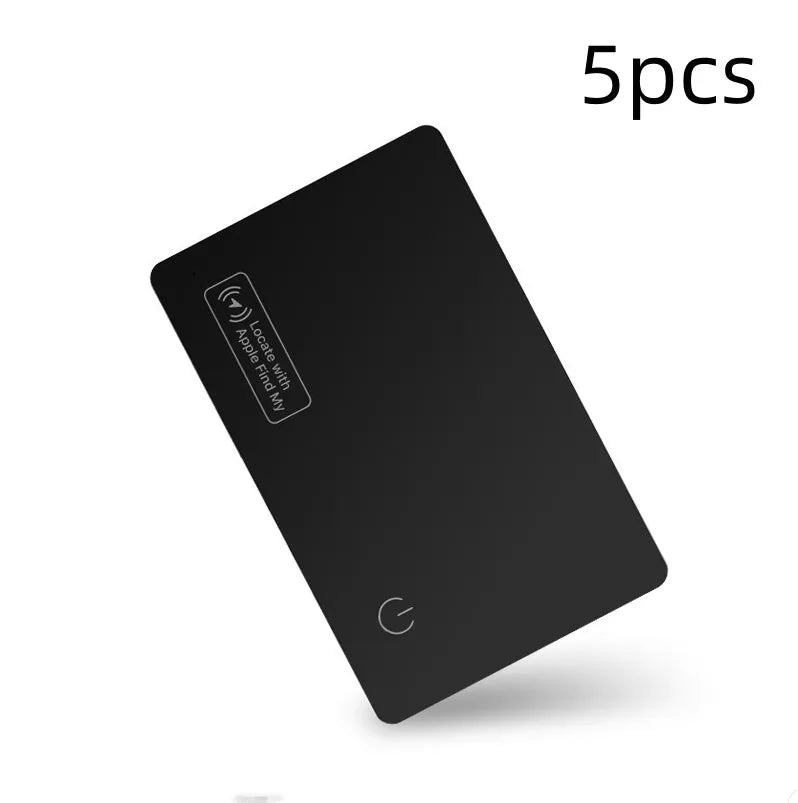 Black ultra-thin anti-loss alarm card for Apple devices, shown next to a credit card for size comparison.