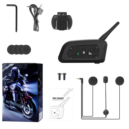 V6 Pro motorcycle Bluetooth intercom unit with headset and mounting kit on a helmet.