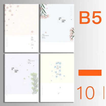 Pack of ten A5 kraft paper thread-bound notebooks with artistic cover designs lying flat.