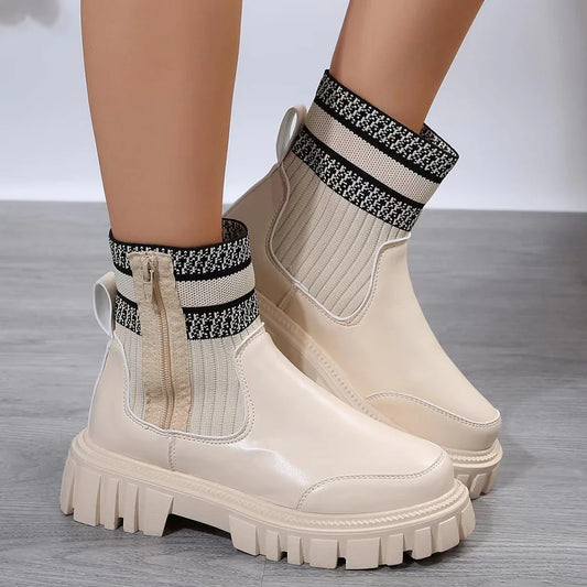 Stylish mid-calf boots with zipper closure, non-slip rubber sole, and knitted patchwork upper in beige, black, and brown colors.