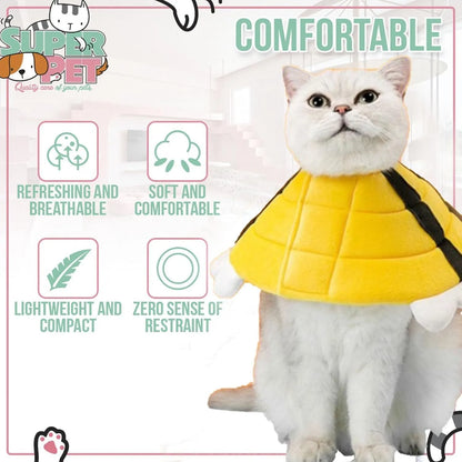 Soft cat cone collar with a yellow and black bee design and Velcro closure.