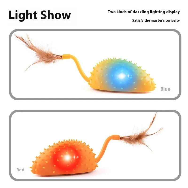 Remote control USB rechargeable silicone mouse cat toy with hanging feathers in cyan colour