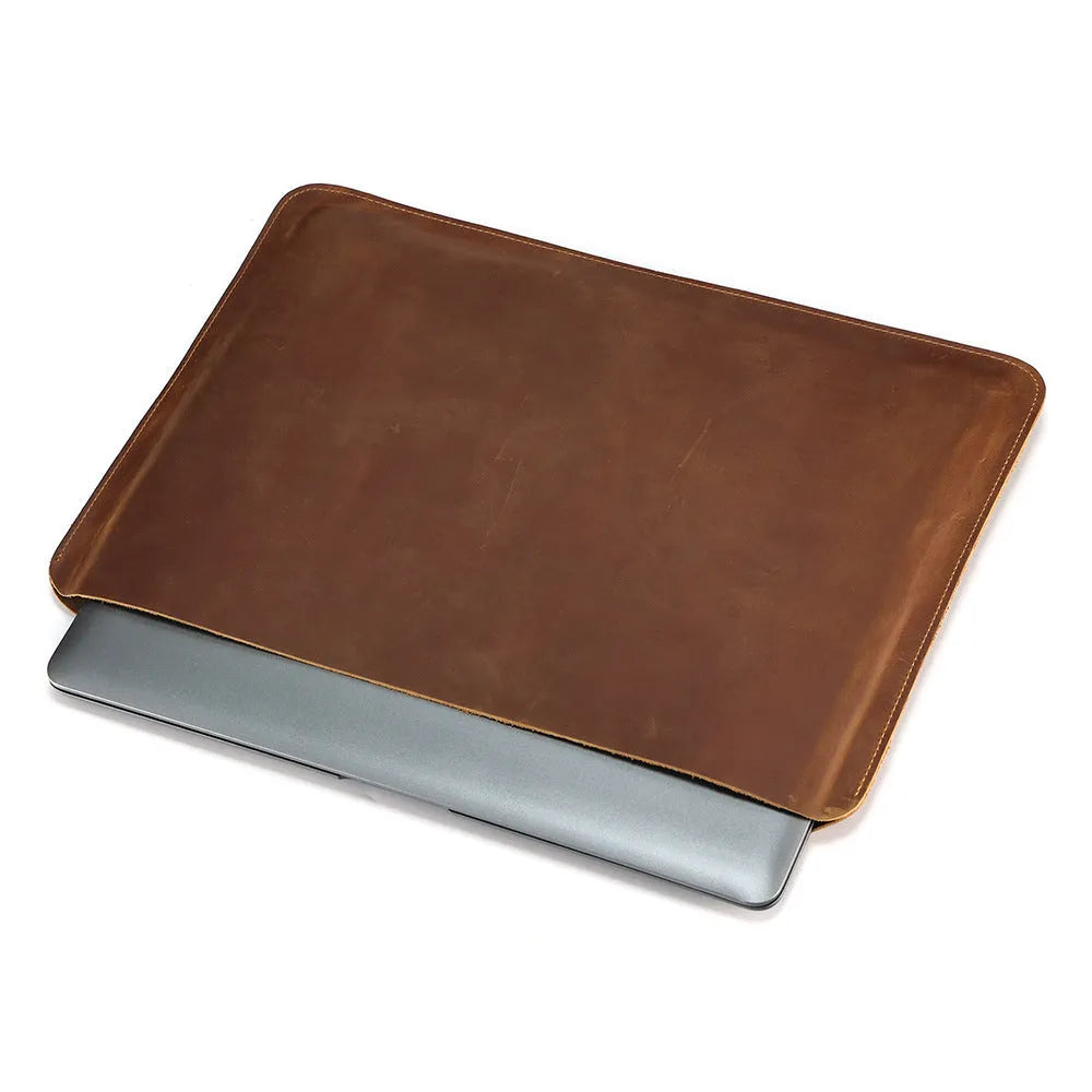 Brown Crazy Horse leather horizontal computer liner bag with first-layer cowhide lining and solid colour design