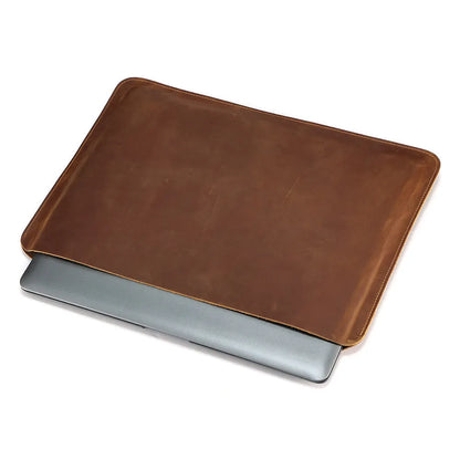 Brown Crazy Horse leather horizontal computer liner bag with first-layer cowhide lining and solid colour design