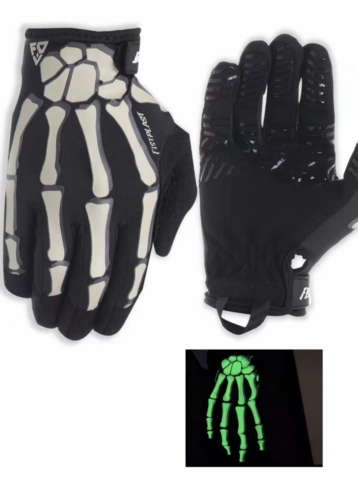 Skull luminous full finger riding gloves in black or khaki, ice silk polyester, touch screen and non-slip, sizes S-XXL