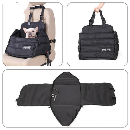 Black polyester dog car travel bag attached to car seat with seatbelt clip