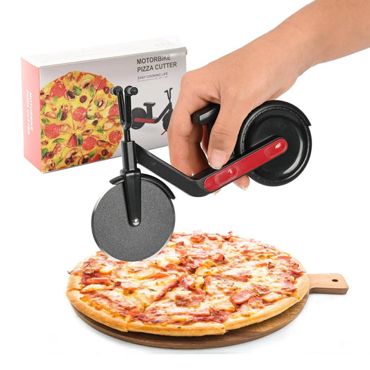 Stainless steel pizza cutter with dual-headed fluted wheel for creating scalloped edges and straight cuts, perfect for slicing pizzas, pastries, and more