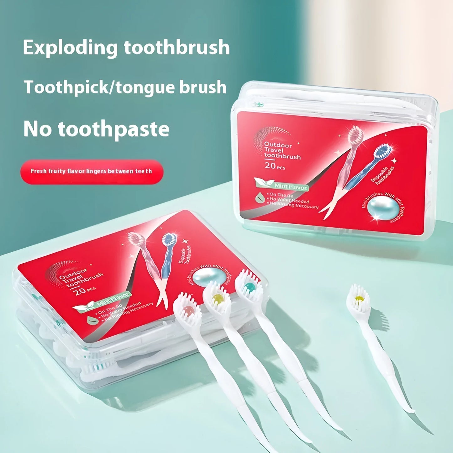 Box of 20 disposable bead toothbrches in individual packaging with mint, peach and plum green tea flavour options