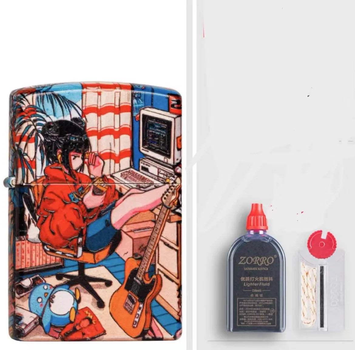 Windproof kerosene lighter with grinding wheel, pure copper case, shown with artistic design options.