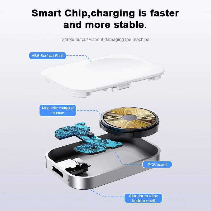 Compact black and white 3-in-1 magnetic wireless charger with integrated cables, shown next to a smartphone for scale.