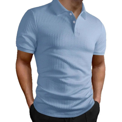 Men's striped loose fit polo shirt with short sleeves and asymmetric design detail in light blue.
