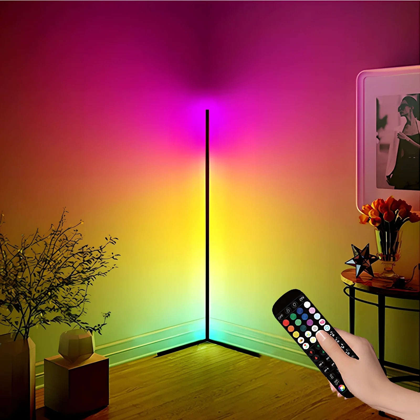 Black Bedroom Symphony RGB floor lamp with aluminium body, silicone shade, and 52-key remote for music-synced lighting