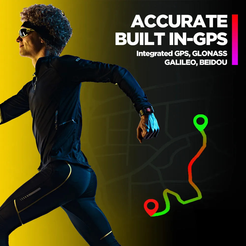 Black GPS sports smart watch with rubber wrist strap showing health metrics on 1.78 inch LCD display