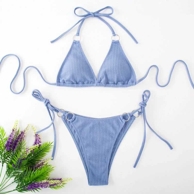 Women's bandage style bikini set with side tie thong in various colours