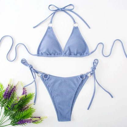 Women's bandage style bikini set with side tie thong in various colours