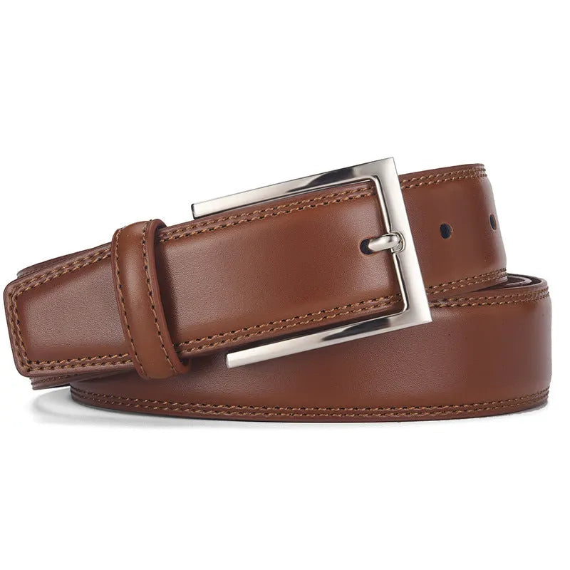 Men's genuine leather belt with pin buckle in black and brown colour options showing length measurements