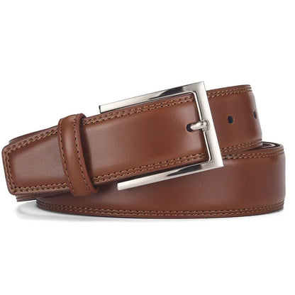 Men's genuine leather belt with pin buckle in black and brown colour options showing length measurements