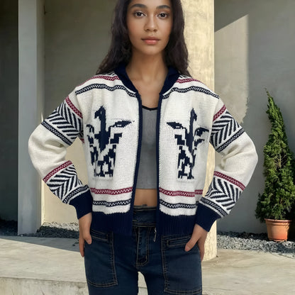 White women's wool zipper cardigan with contrasting jacquard stripe pattern on the front.