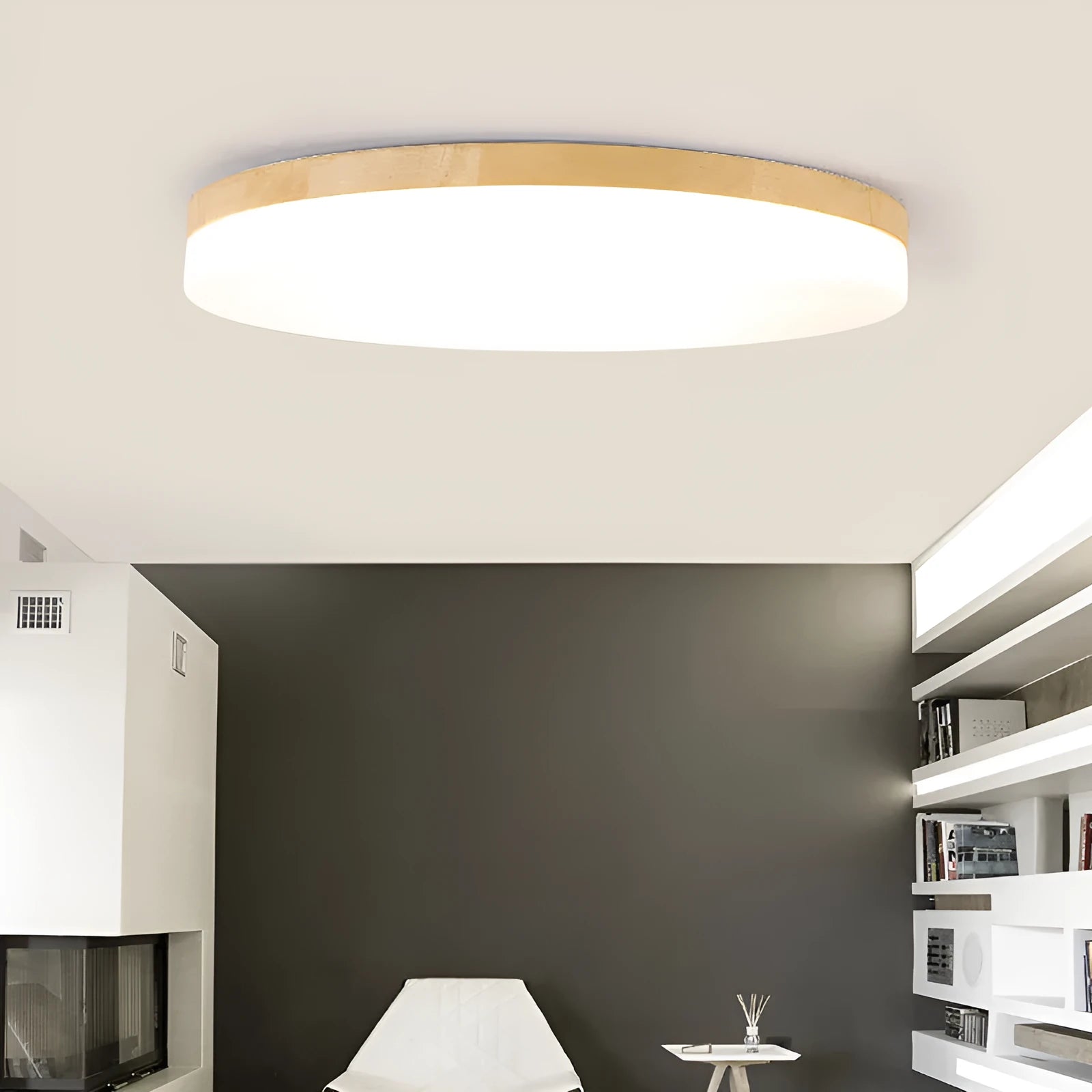 Japanese minimalist ceiling lamp with wood art body and acrylic shade in three diameter sizes