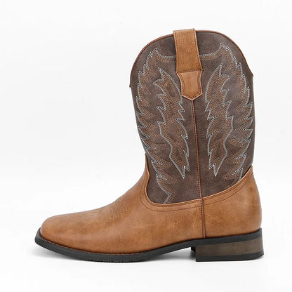 Men's black square toe denim-style motorcycle boots with mid-calf shaft and low wedge heel.