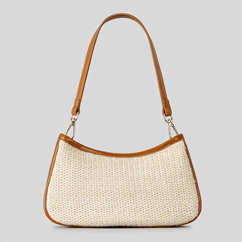 Khaki hand-woven straw crossbody bag made from PP grass with a single shoulder strap.