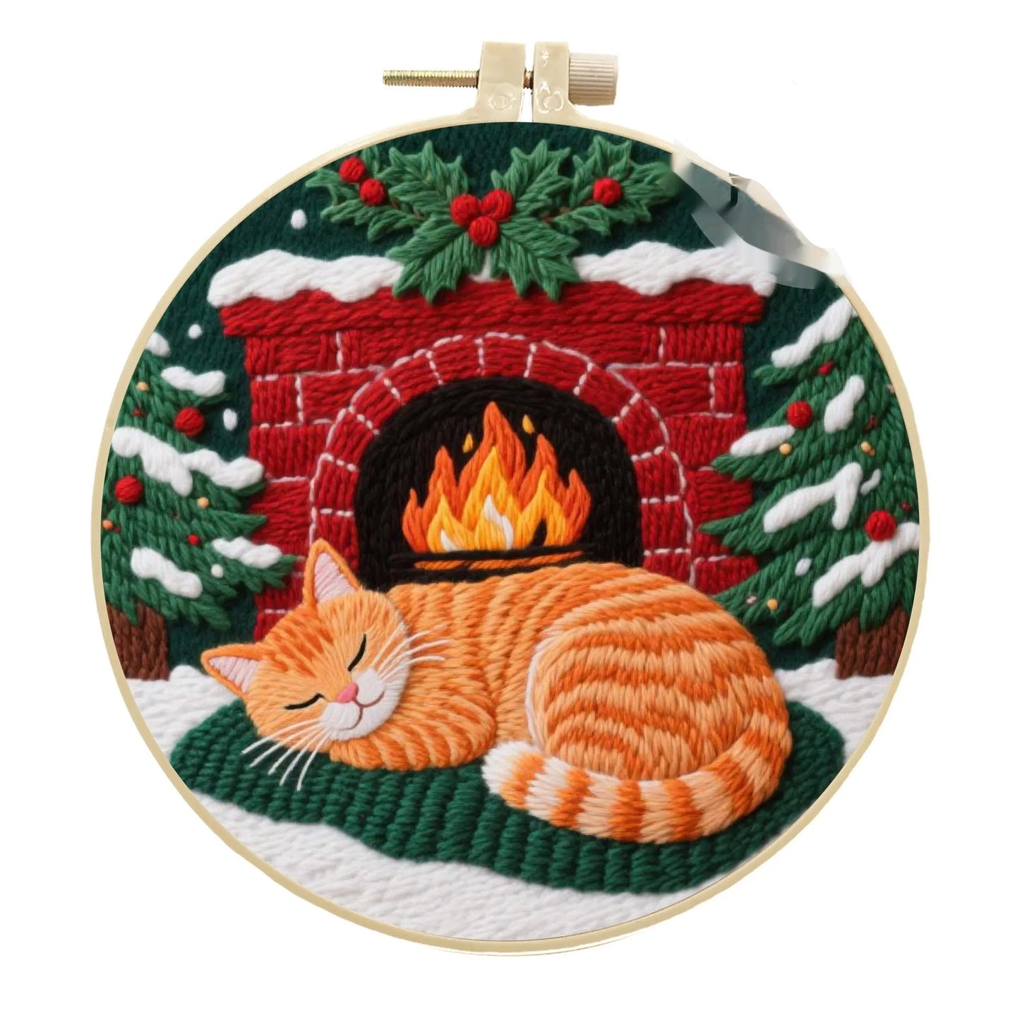 Cat embroidery DIY kit with autumn fruit design on fabric and a 20cm imitation bamboo embroidery frame